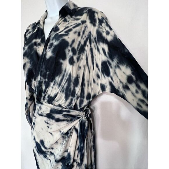 YFB long sleeve navy blue tie dye collared wrap dress boho mini sz small - Picture 5 of 8